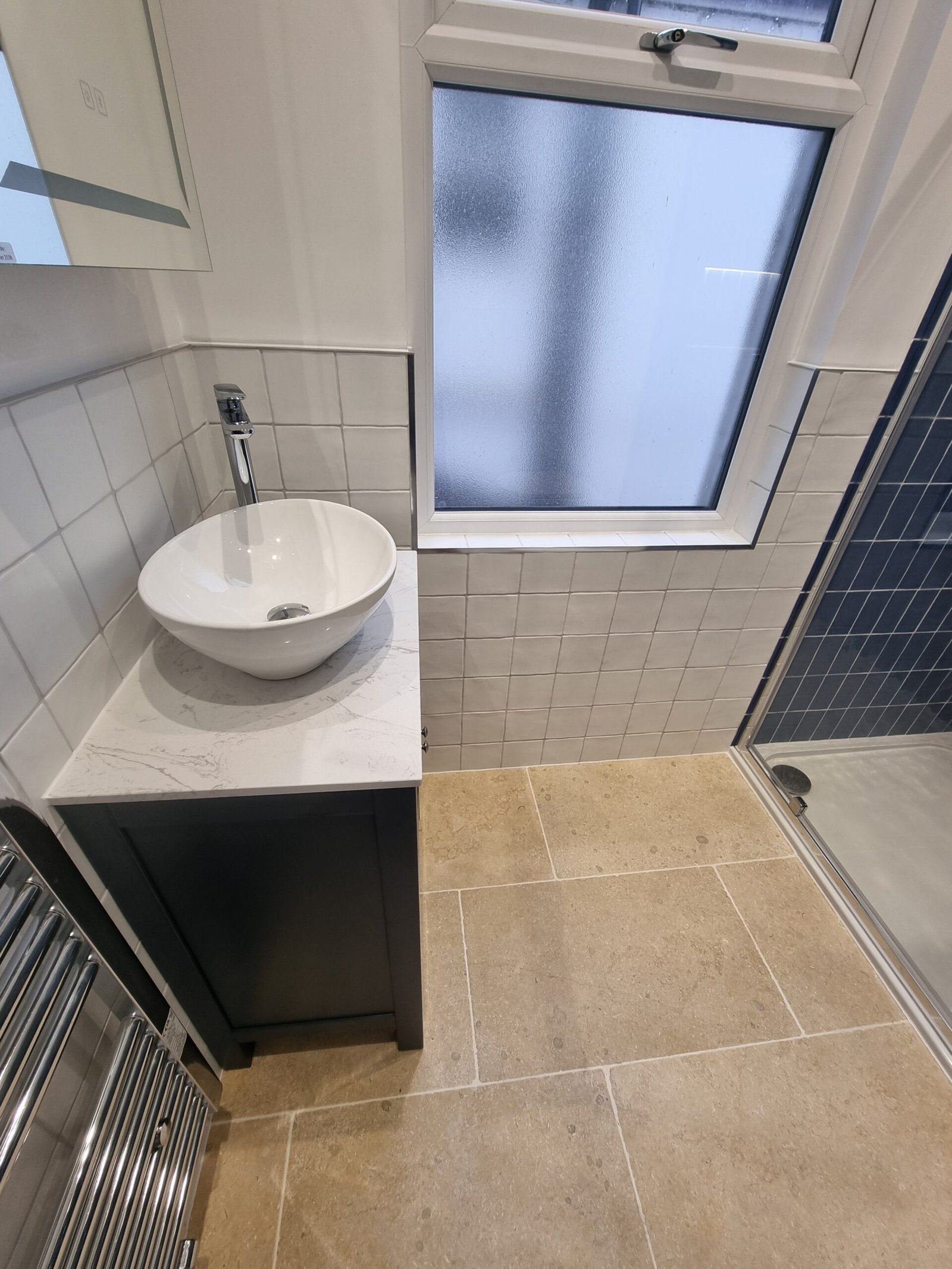 Ensuite bathroom vanity and shower layout, North London