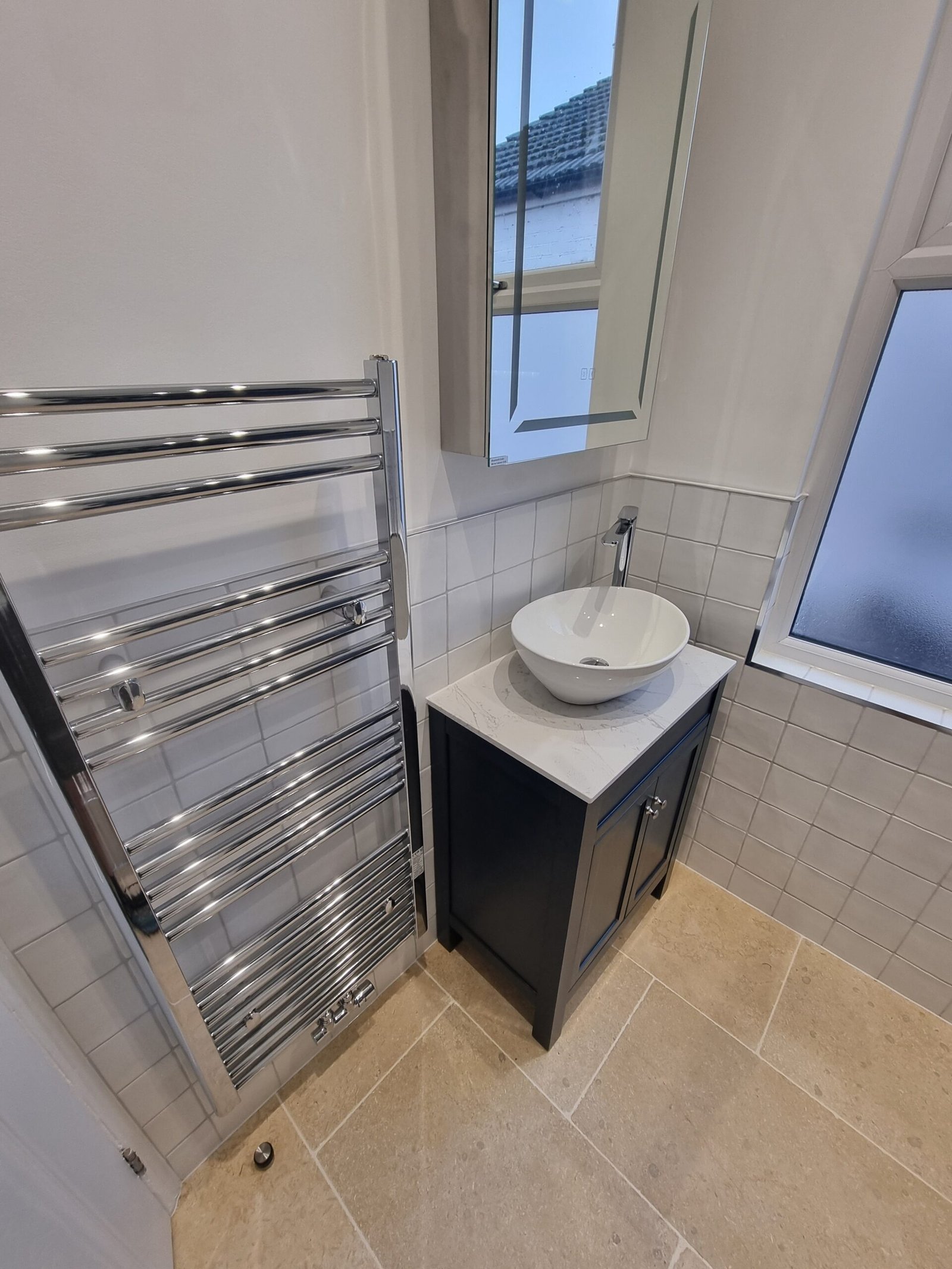 Ensuite vanity unit, towel rail and vessel basin, North London