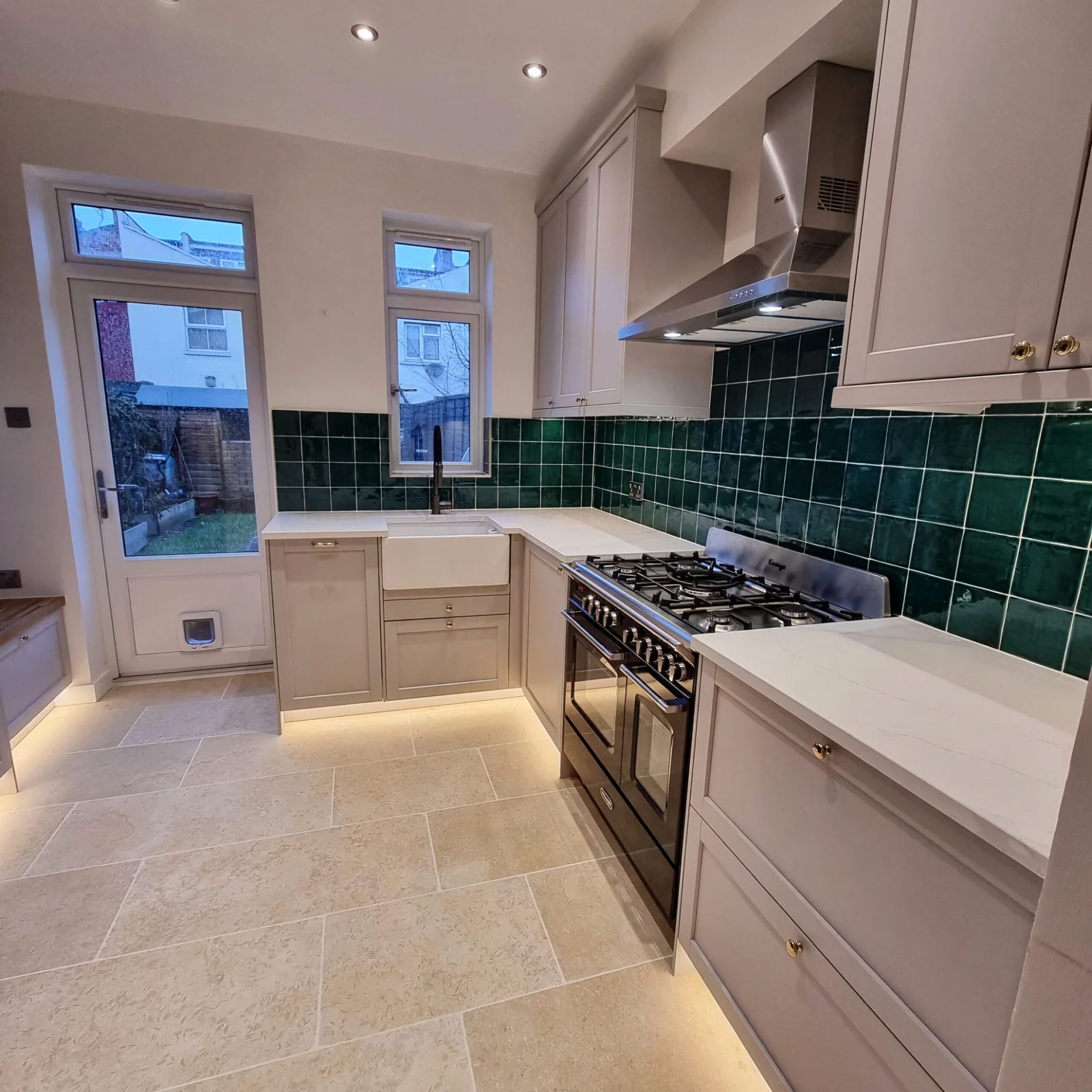 Green square tile kitchen splashback, Crouch End
