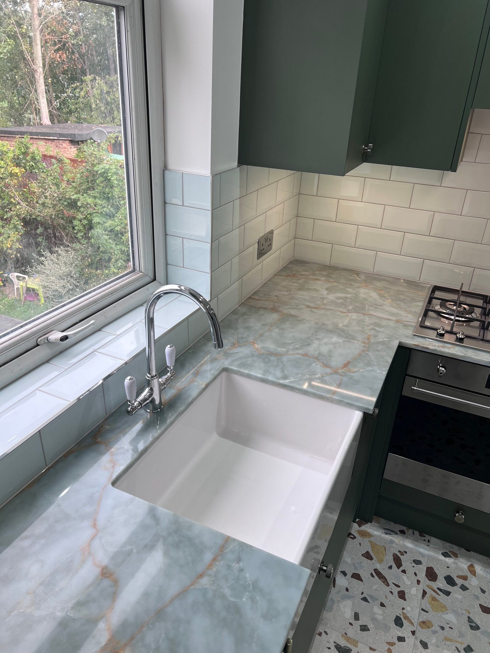 White metro tile kitchen splashback with marble worktop, Crouch End
